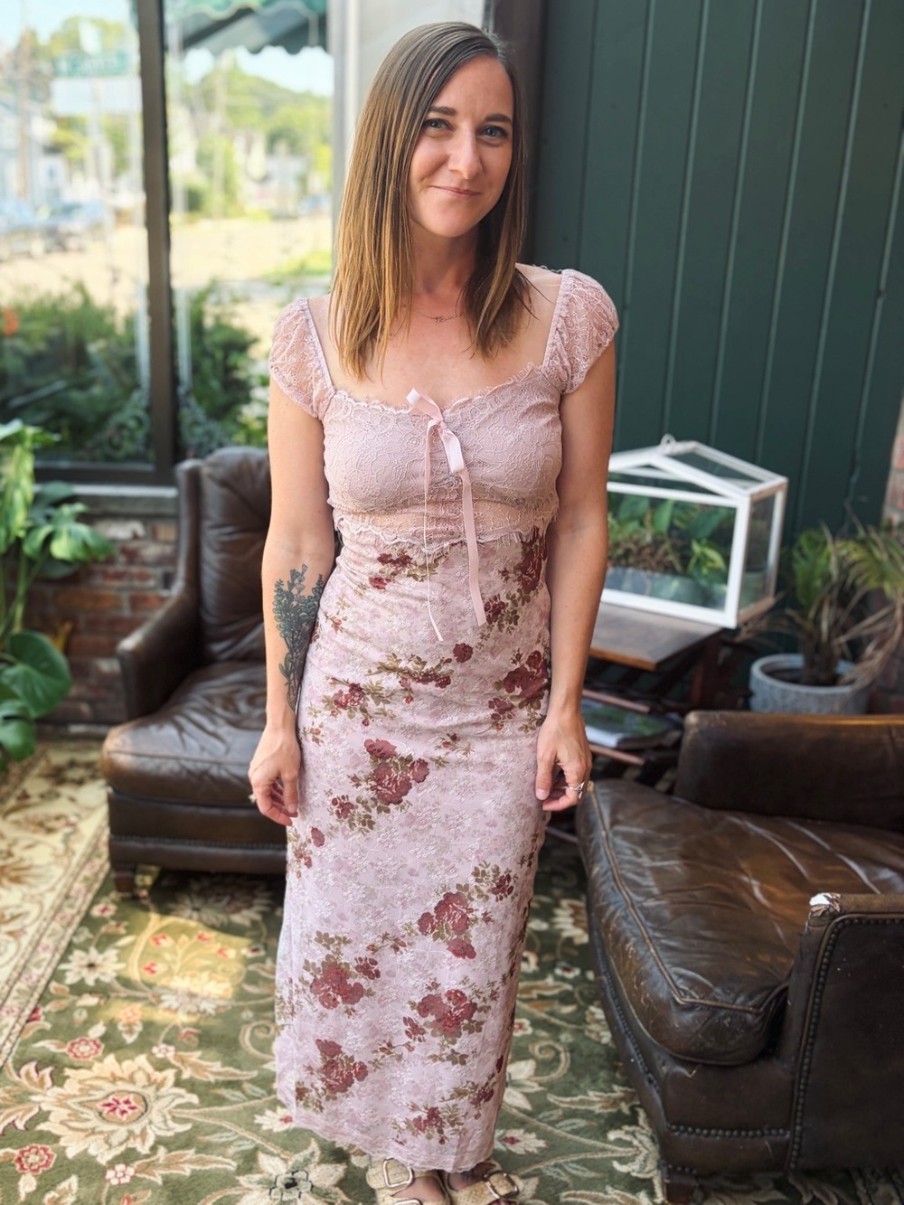 bohme Nancie Floral Mesh Maxi Dress- Blush Pink Floral Lace Maxi Dress